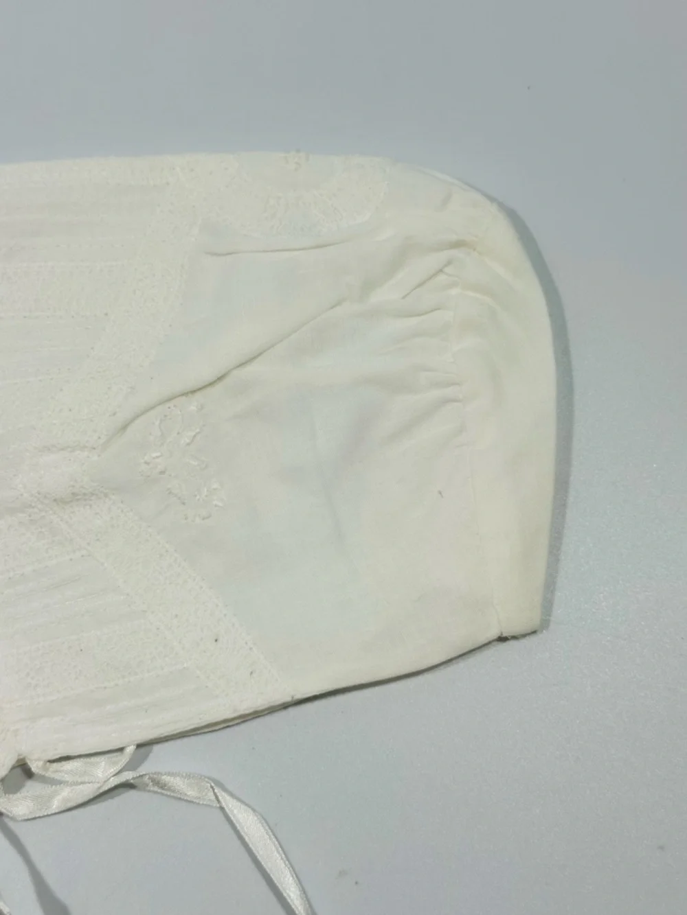 Vintage Rococo White Handmade Lace Baby Bonnet Ribbon Ties Baptism Christening